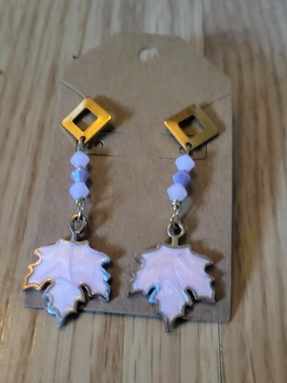 Gold-Tone Pink Enamel Leaf Dangle Earrings